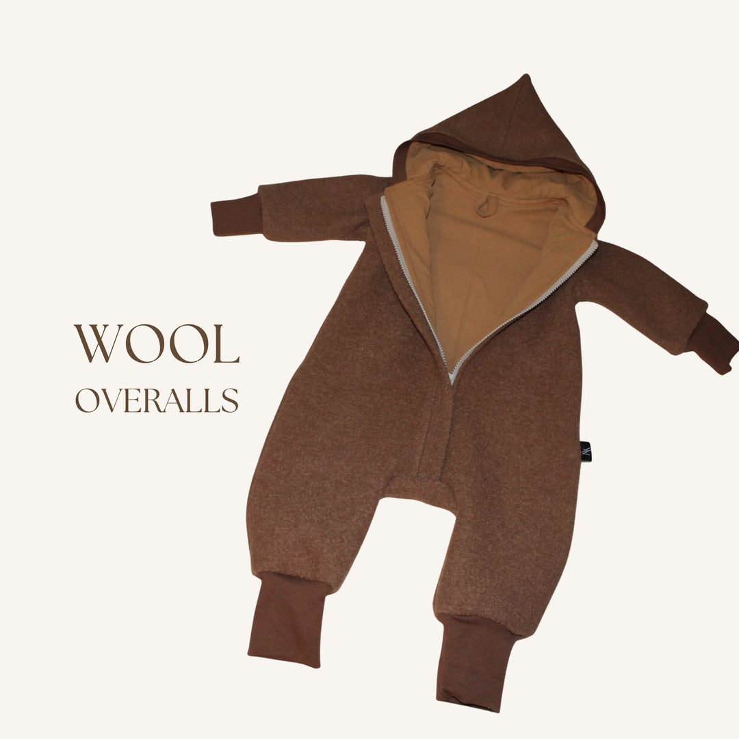 Boiled wool baby overall in brown with hood and zip - AnnaKarinna