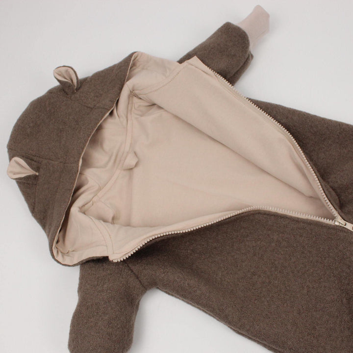 Taupe Italian wool overall opened to show the cotton jersey lining and zip - AnnaKarinna
