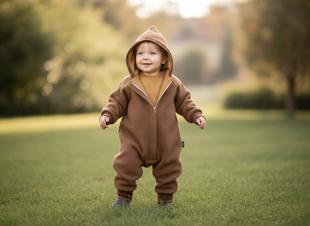 Baby wearing the brown boiled wool overall outdoors - AnnaKarinna