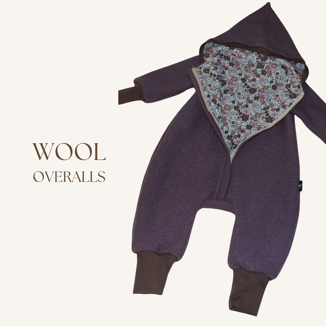 Boiled wool baby overall in mauve with floral cotton lining - AnnaKarinna