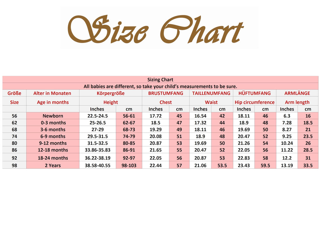 Size chart by age, body height and ready-item measurements - AnnaKarinna