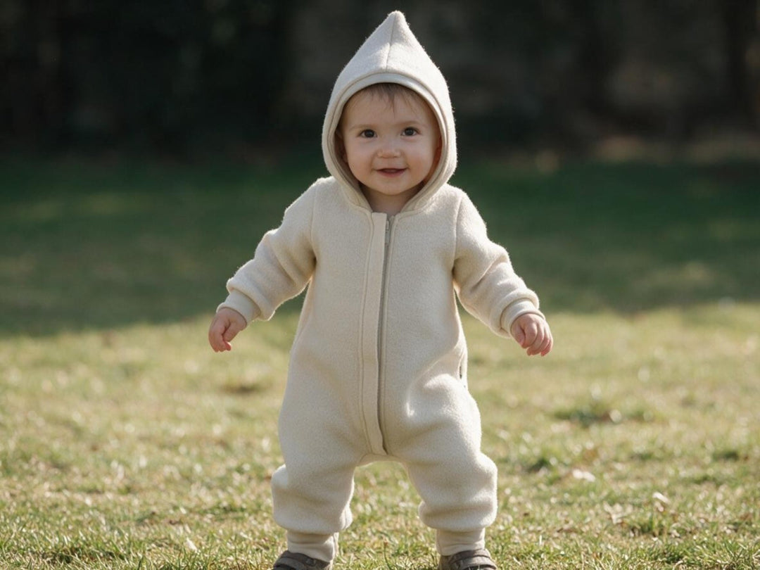 Light beige boiled wool overall with hood, front view - AnnaKarinna