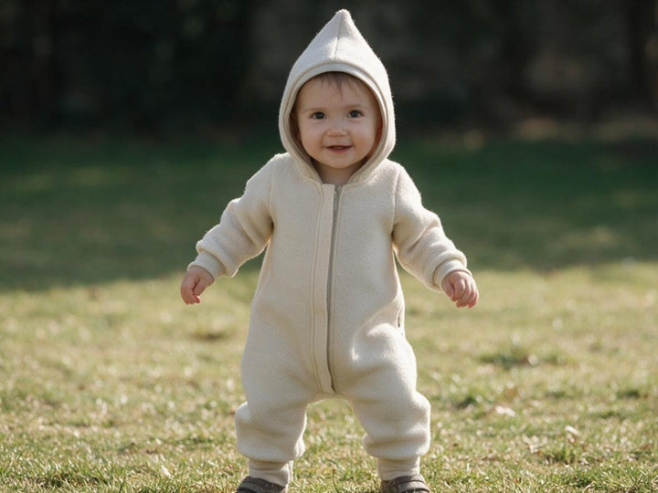 Light beige boiled wool overall with hood, front view - AnnaKarinna