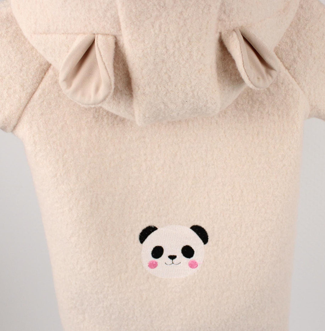 Close-up of the panda embroidery on the beige Italian wool overall - AnnaKarinna