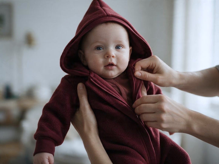 Bordeaux boiled wool overall, hood detail - AnnaKarinna