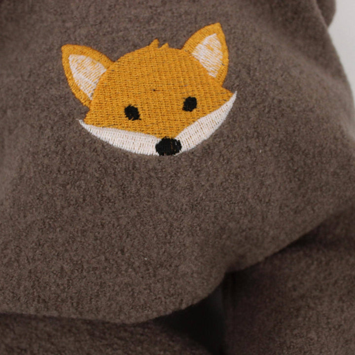Close-up of the fox embroidery on Italian virgin wool - AnnaKarinna