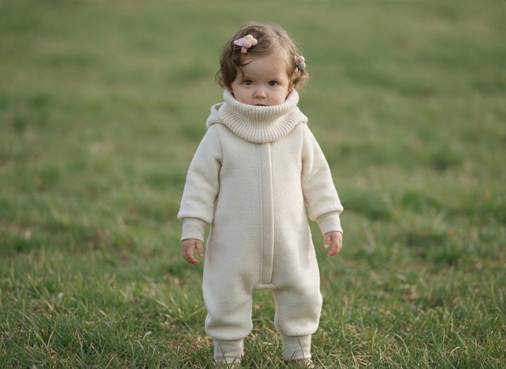 Light beige boiled wool overall, side view - AnnaKarinna