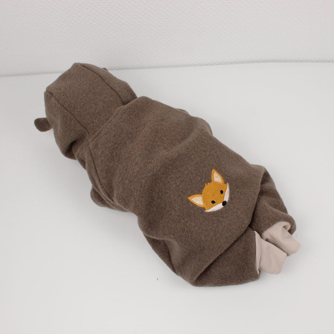 Taupe Italian wool overall with embroidered fox, back view - AnnaKarinna