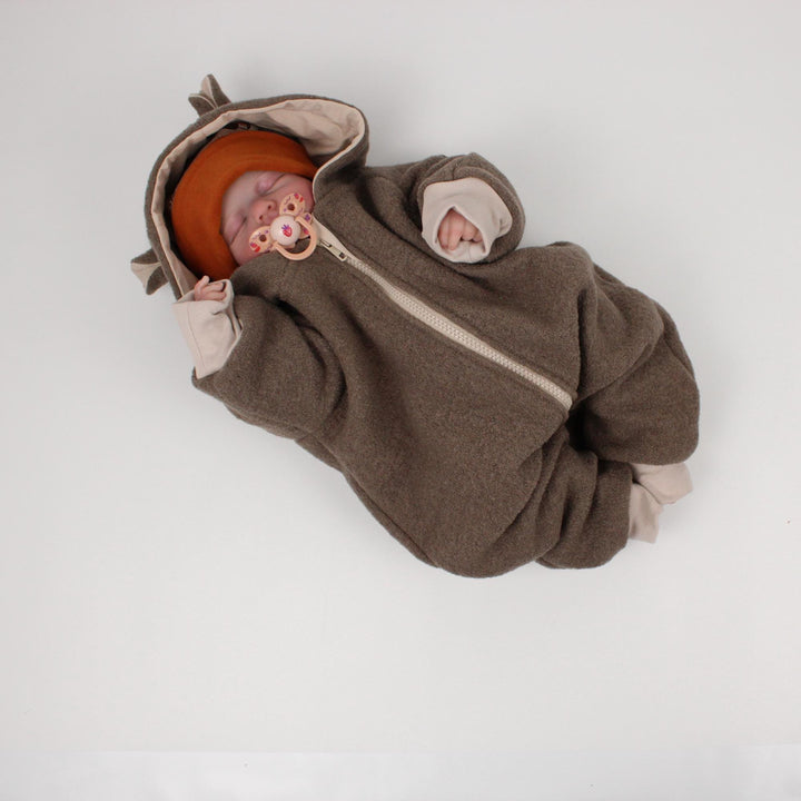 Baby in the taupe embroidered Italian wool overall with hood - AnnaKarinna