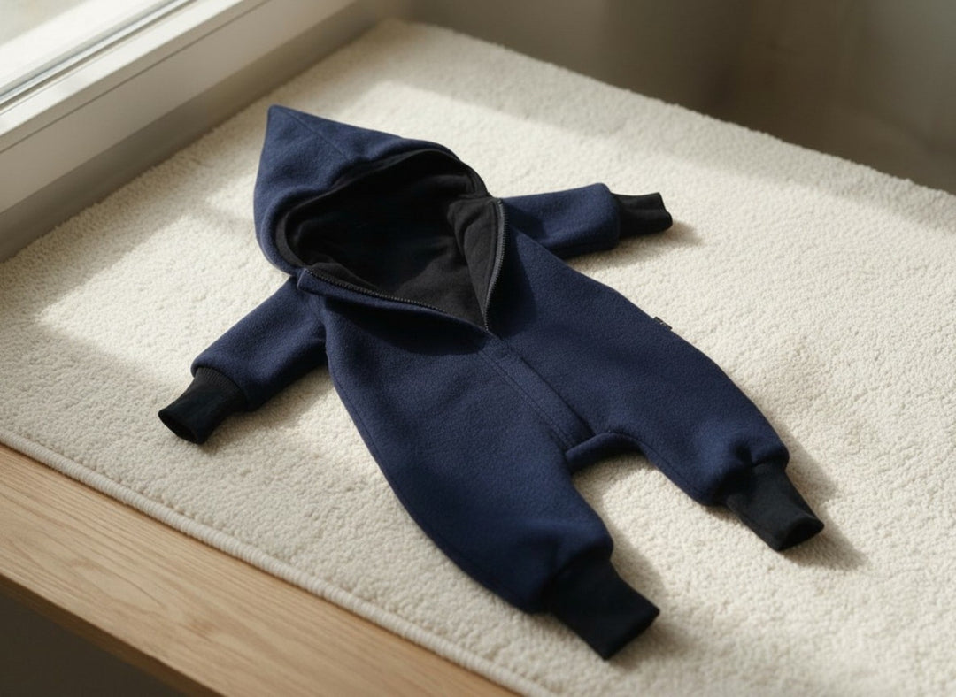 Navy boiled wool overall flat lay with hood and zip - AnnaKarinna