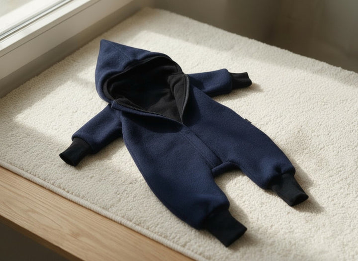Navy boiled wool overall flat lay with hood and zip - AnnaKarinna