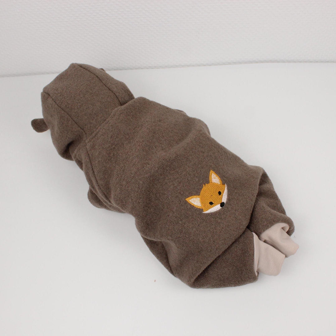 Taupe Italian wool overall with fox embroidery and hood ears - AnnaKarinna
