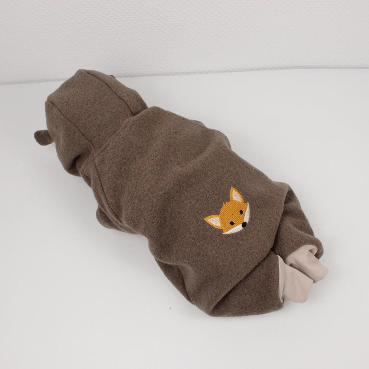 Taupe Italian wool overall with fox embroidery and hood ears - AnnaKarinna