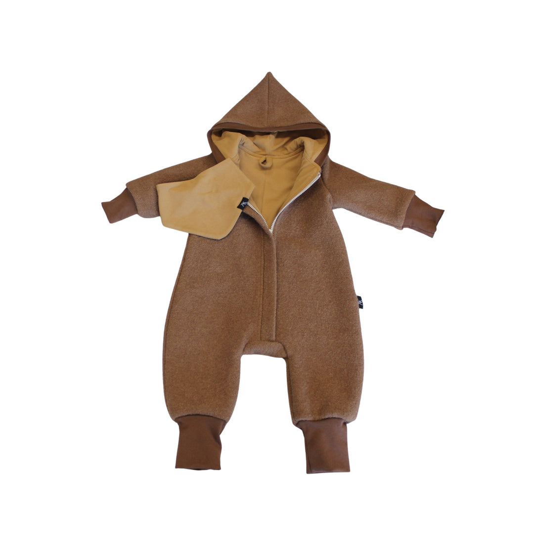 Brown boiled wool overall flat lay with bandana bib - AnnaKarinna