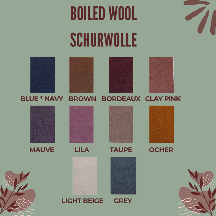 Boiled wool colour chart 2026: Blue/Navy, Brown, Bordeaux, Clay Pink, Mauve, Lila, Taupe, Ocher, Light Beige, Grey - AnnaKarinna