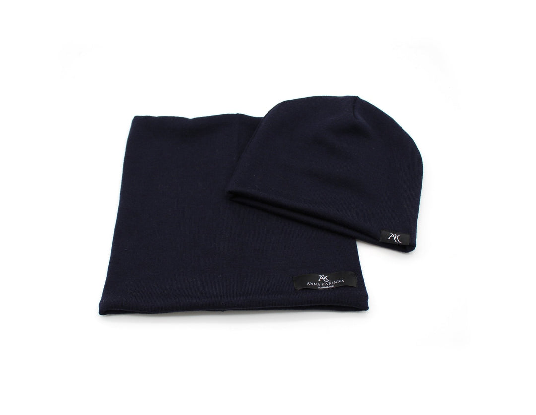 100% Merino Wool Loop Scarf and Hat set - Navy Blue - AnnaKarinna