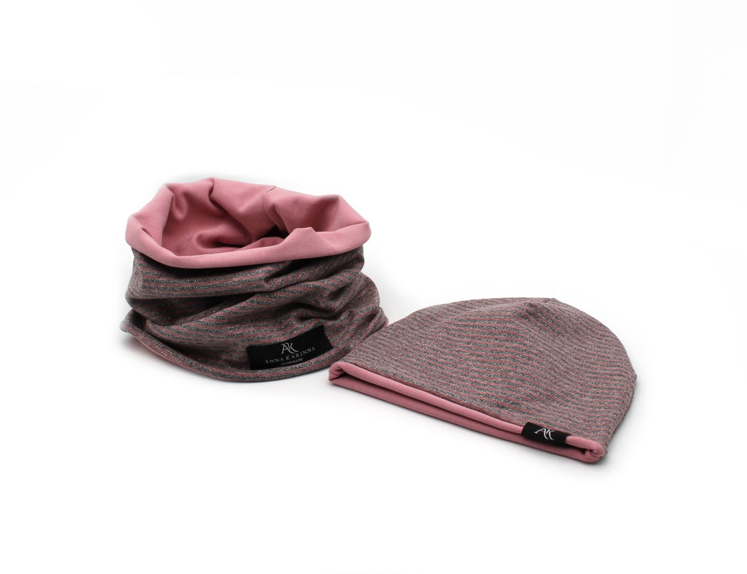 Baby loop and hat set - Powder Pink with Gray stripes - AnnaKarinna