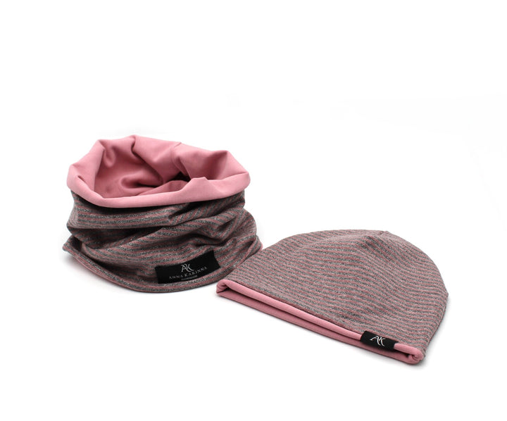 Baby loop and hat set - Powder Pink with Gray stripes - AnnaKarinna