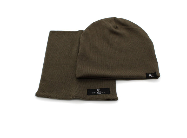 Knitted cotton loop scarf and hat set - Army Green - AnnaKarinna