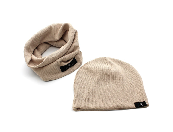 Knitted Cotton loop scarf and hat set - Beige - AnnaKarinna