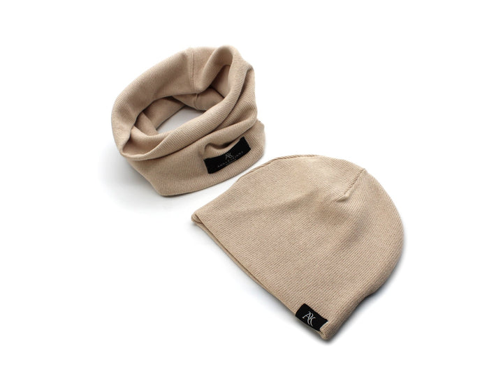 Knitted Cotton loop scarf and hat set - Beige - AnnaKarinna