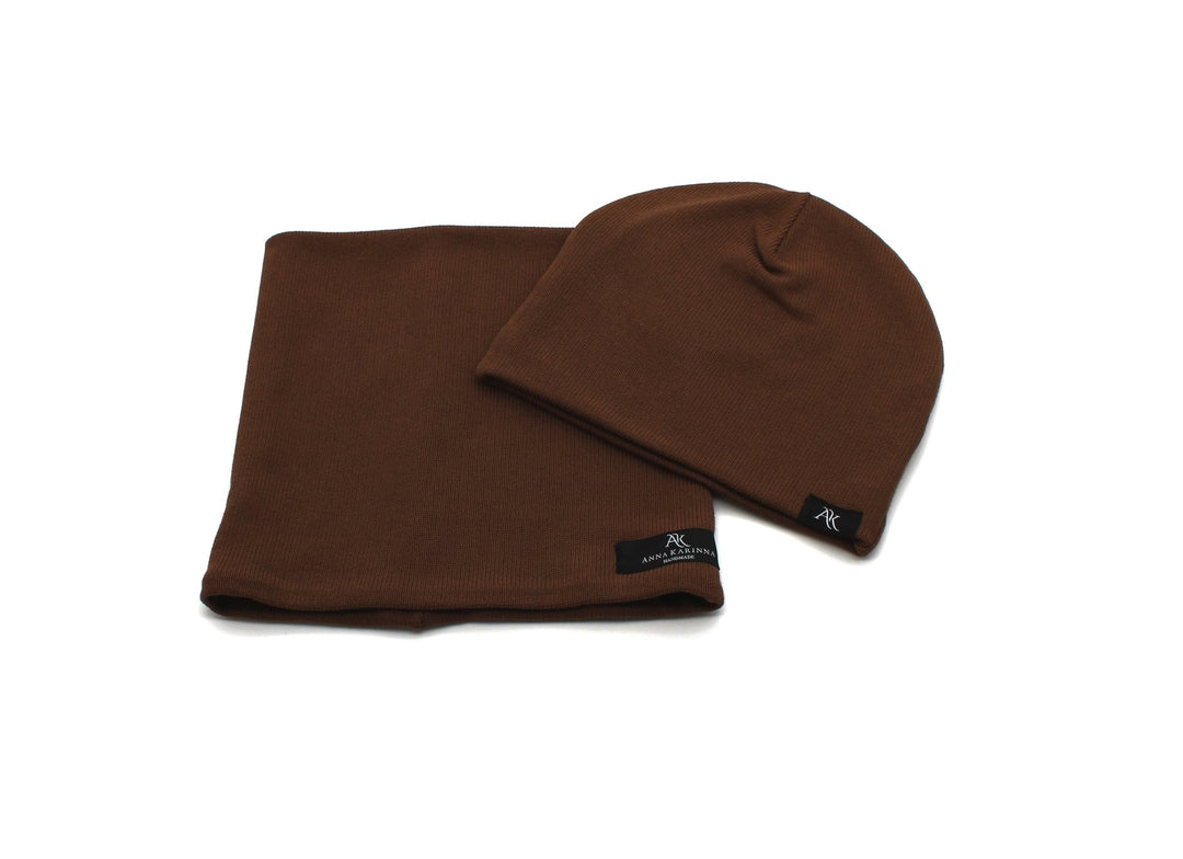 Knitted Cotton loop scarf and hat set - Brown - AnnaKarinna