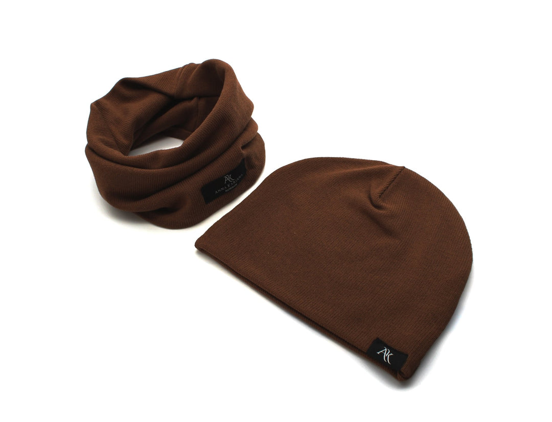 Knitted Cotton loop scarf and hat set - Brown - AnnaKarinna