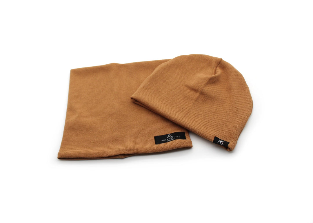 Knitted Cotton loop scarf and hat set - Camel - AnnaKarinna