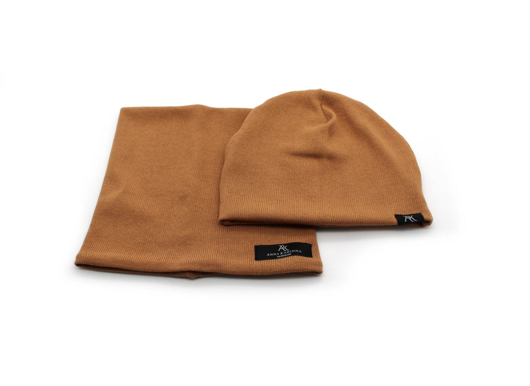 Knitted Cotton loop scarf and hat set - Camel - AnnaKarinna