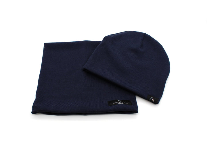 Knitted cotton loop scarf and hat set - Navy Blue - AnnaKarinna