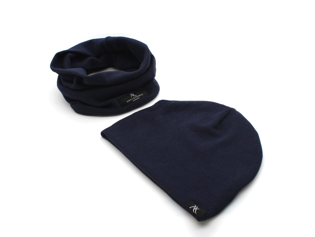 Knitted cotton loop scarf and hat set - Navy Blue - AnnaKarinna