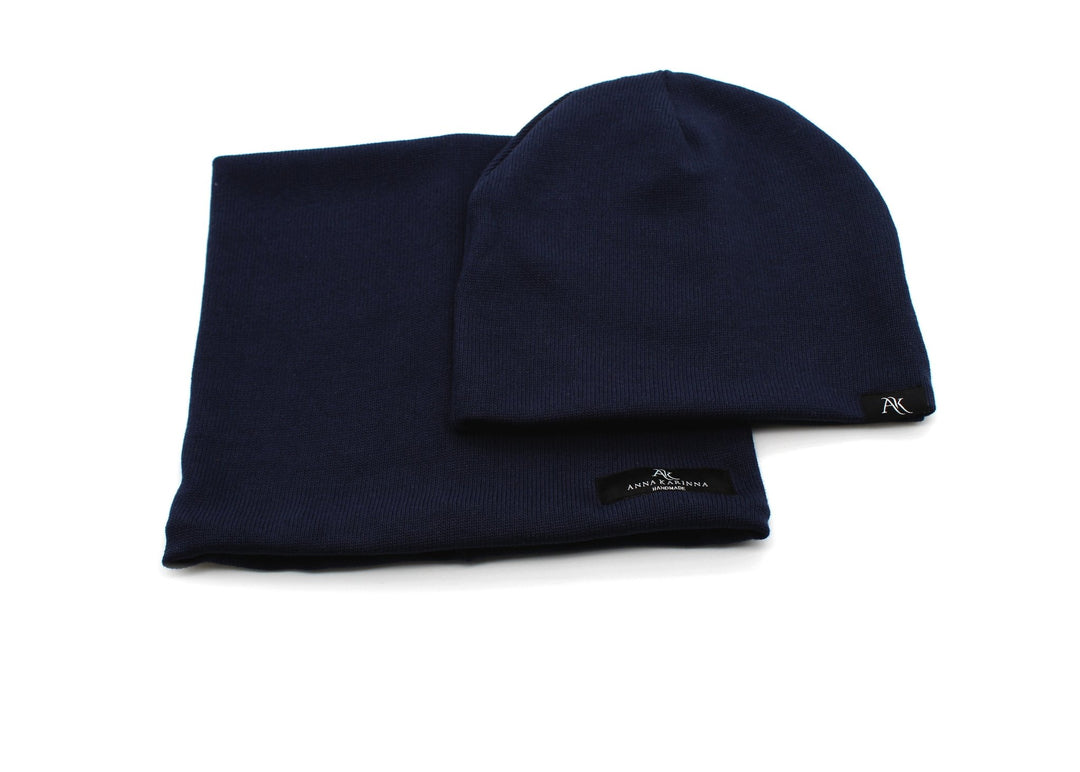 Knitted cotton loop scarf and hat set - Navy Blue - AnnaKarinna