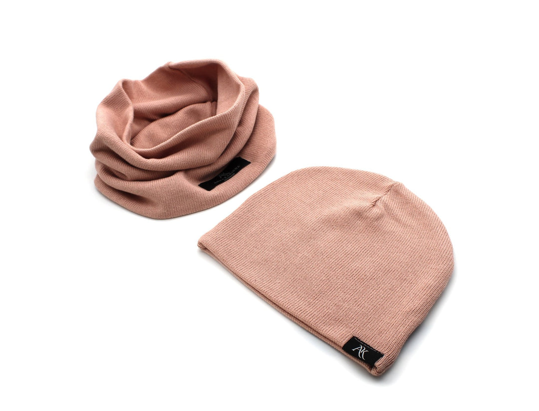 Knitted Cotton loop scarf and hat set - Nude Pink - AnnaKarinna