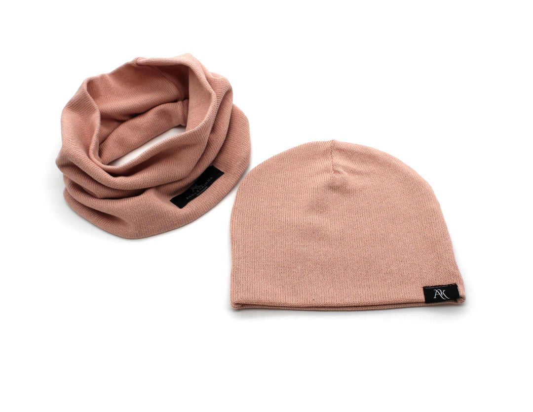 Knitted Cotton loop scarf and hat set - Nude Pink - AnnaKarinna