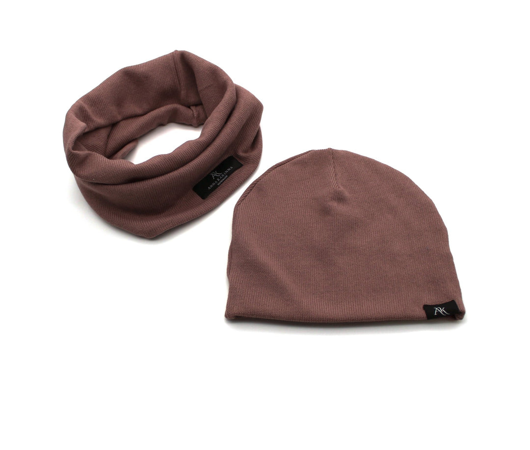 Knitted cotton loop scarf and hat set - Old Mauve - AnnaKarinna