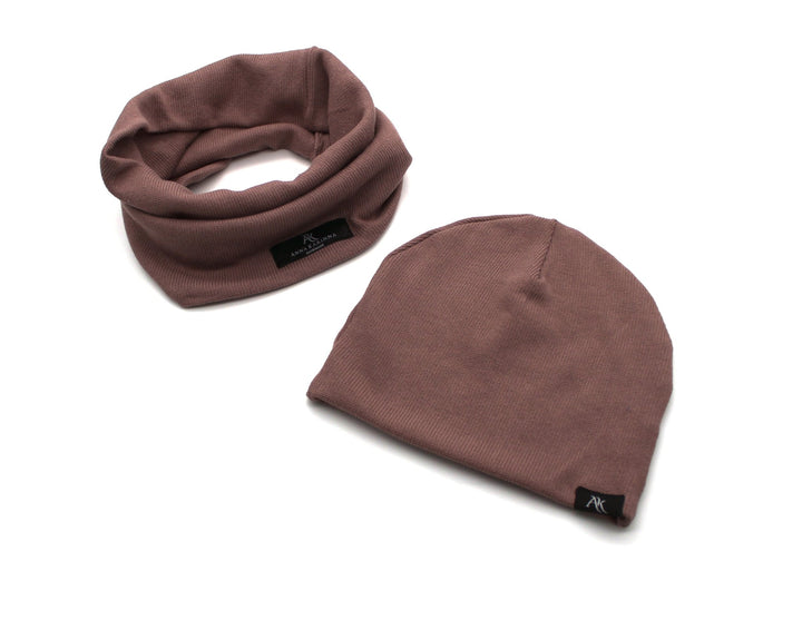 Knitted cotton loop scarf and hat set - Old Mauve - AnnaKarinna