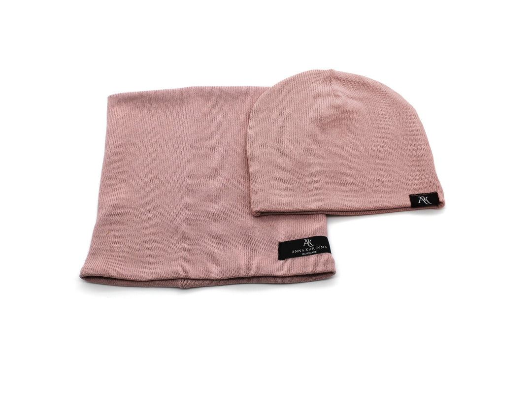 Knitted cotton loop scarf and hat set - Old Pink - AnnaKarinna