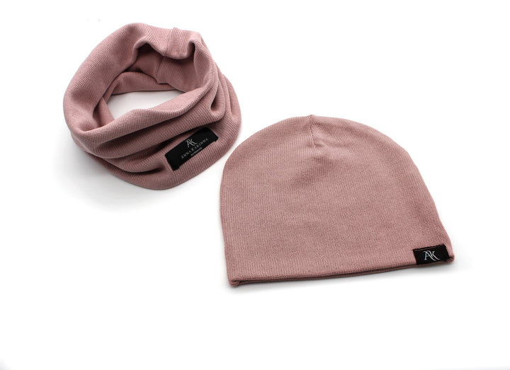 Knitted cotton loop scarf and hat set - Old Pink - AnnaKarinna