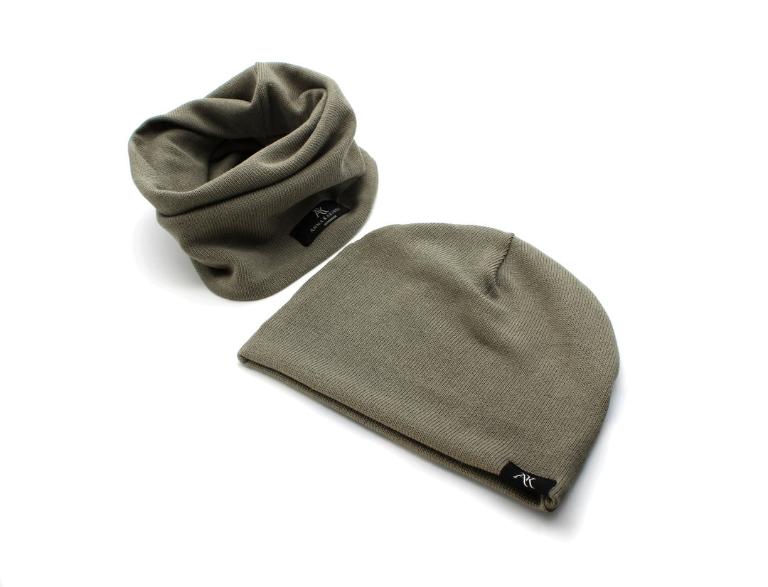 Knitted cotton loop scarf and hat set - Olive - AnnaKarinna