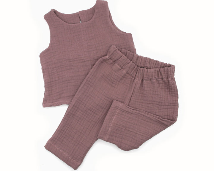 Muslin Summer Top and Pants - Old Mauve 0 - 1 Year - AnnaKarinna