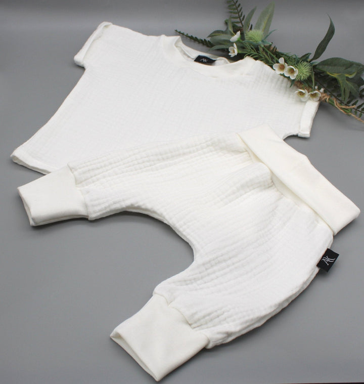 Muslin T-shirt and Baggy Pants Set - White 1 - 3 Years - AnnaKarinna