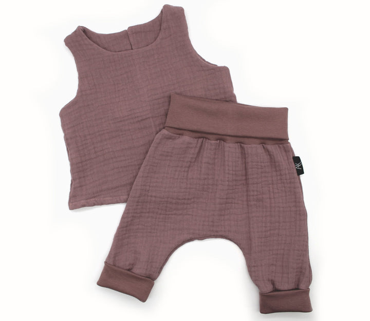 Muslin Top and Baggy Pants Set - Old Mauve 0 - 1 Year - AnnaKarinna